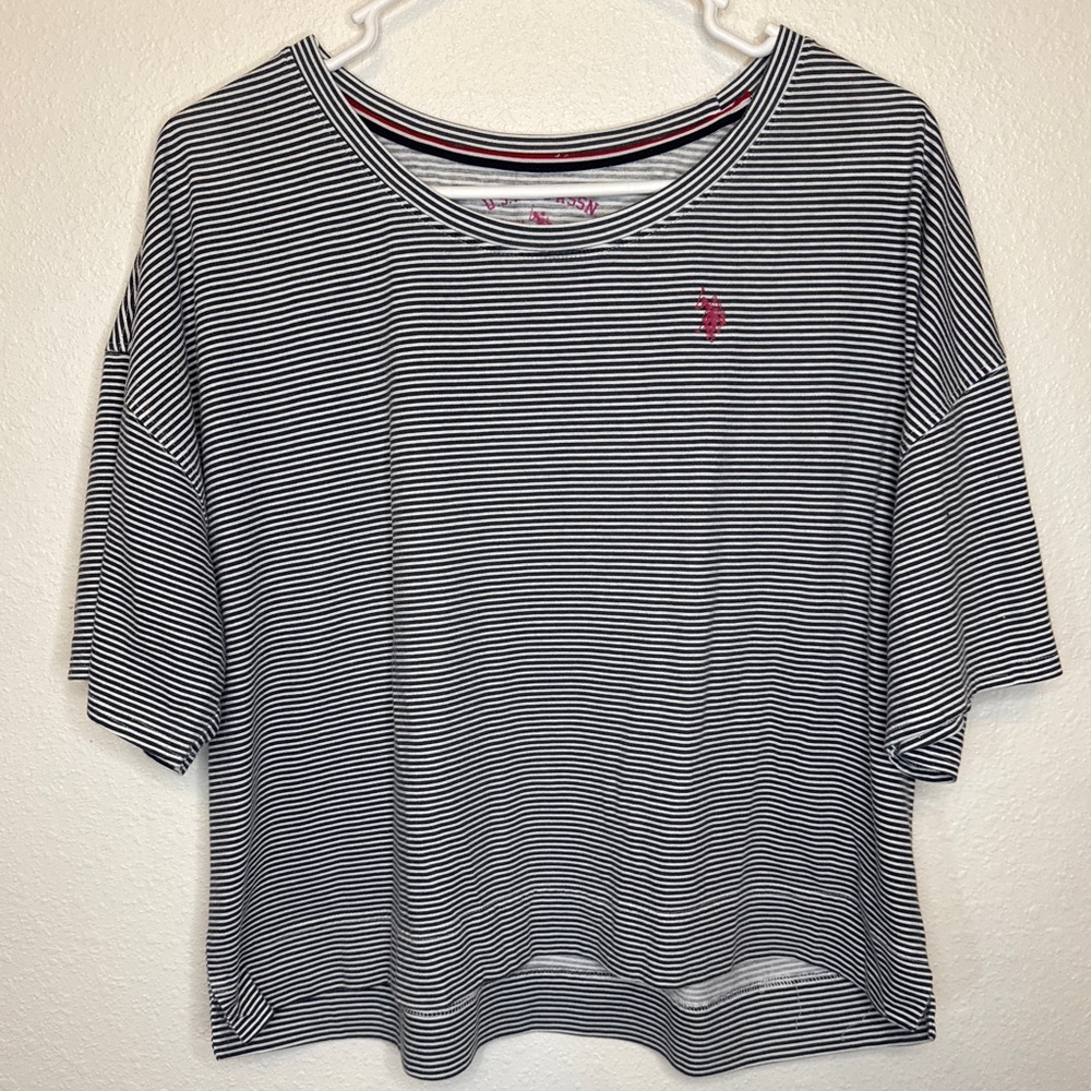 U.S. Polo Assn. Navy & White Striped Short Sleeve Tee with Pink Logo